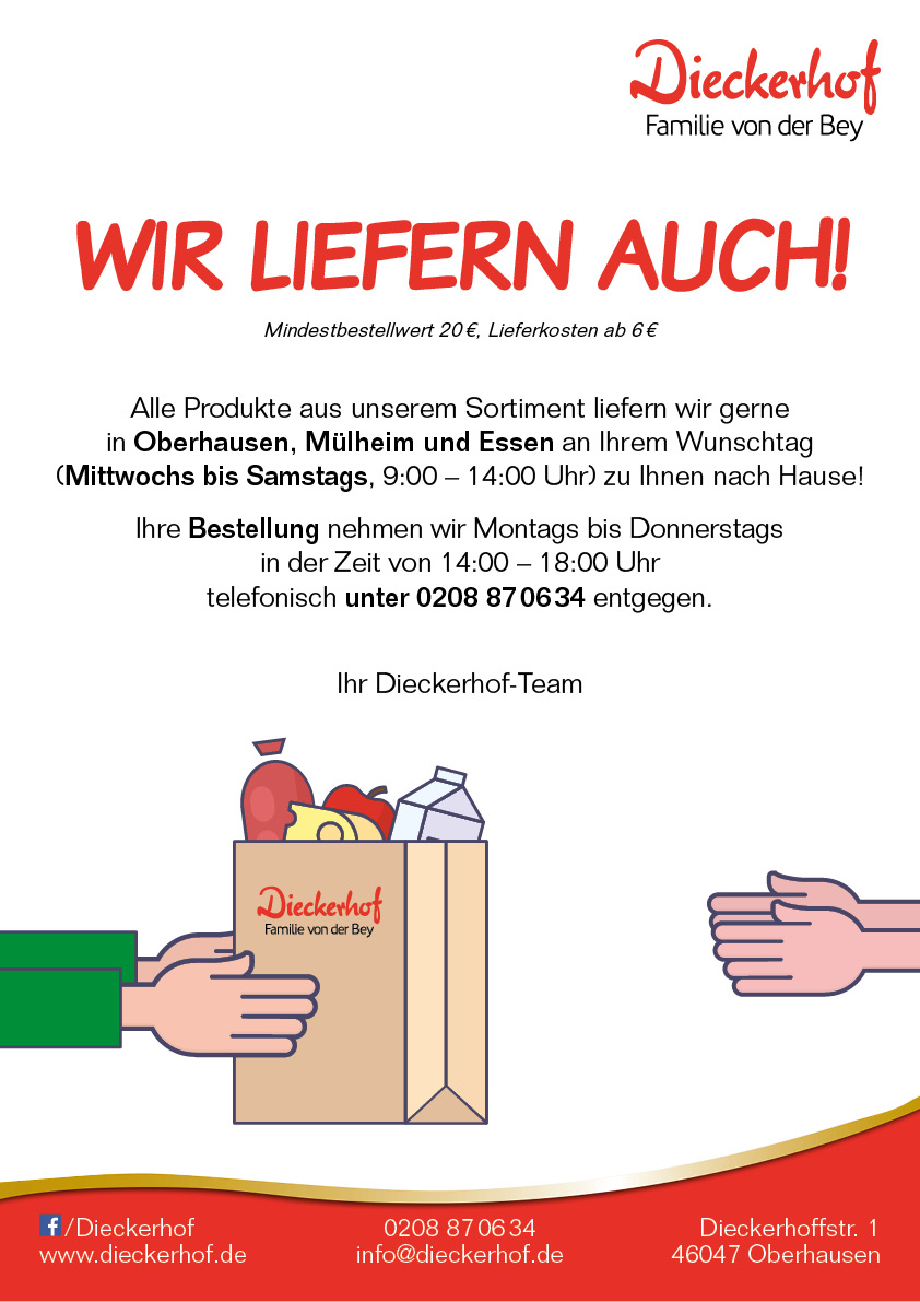 Alle Produkte aus unserem Sortiment liefern wir in Oberhausen, Mülheim und Essen gerne zu Ihnen nach Hause! (Mindestbestellwert 20€, Lieferkosten ab 6€)